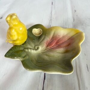 Vintage Royal Copley Yellow Bird on Colored Leaf Trinket Dish